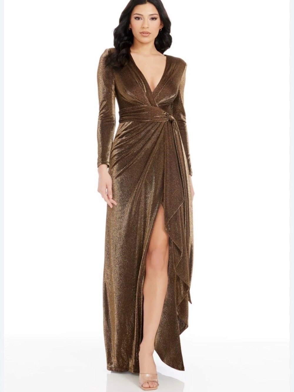 Dress the Population Metallic Gold Wrap Maxi Dress with Side Slit size XS New